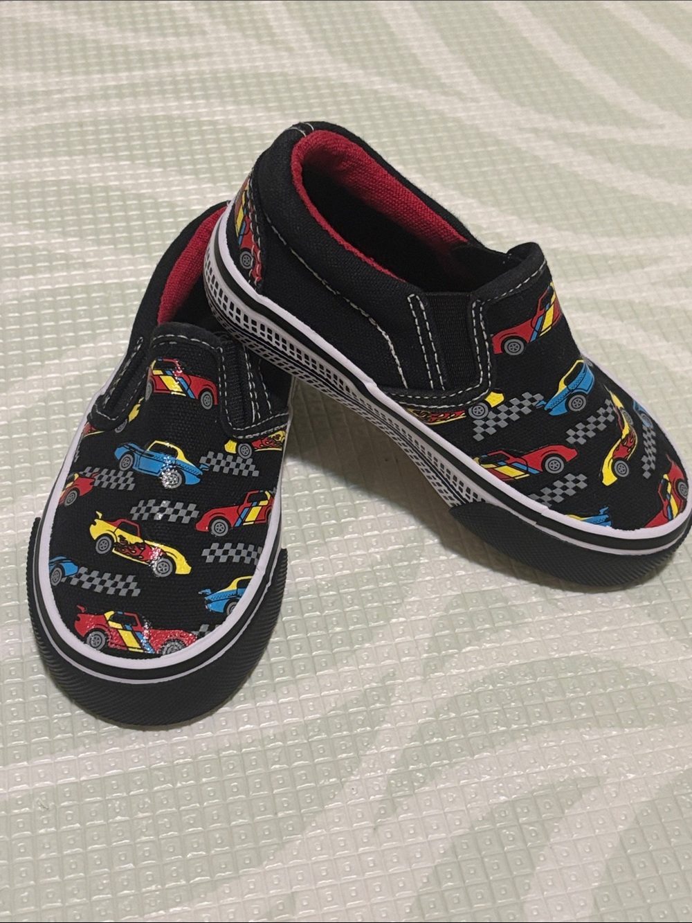 Toddler Hot Wheels *inspired* Slip-On Black Canvas Shoes w/ Multi-Color Racecars